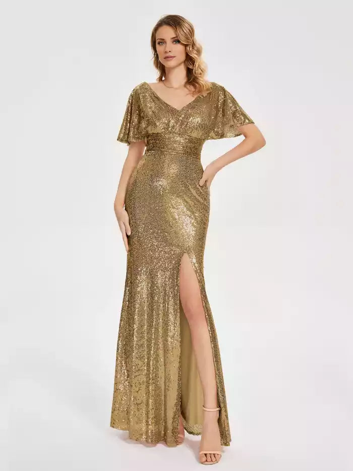 Short Sleeves V neck Sequins Prom Dress with Slit