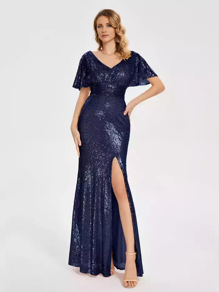 Short Sleeves V neck Sequins Prom Dress with Slit