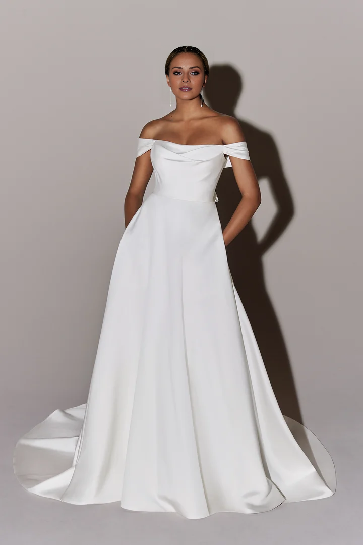 Silk A-Line Wedding Gown with Off the Shoulder Neckline Wedding Dresses