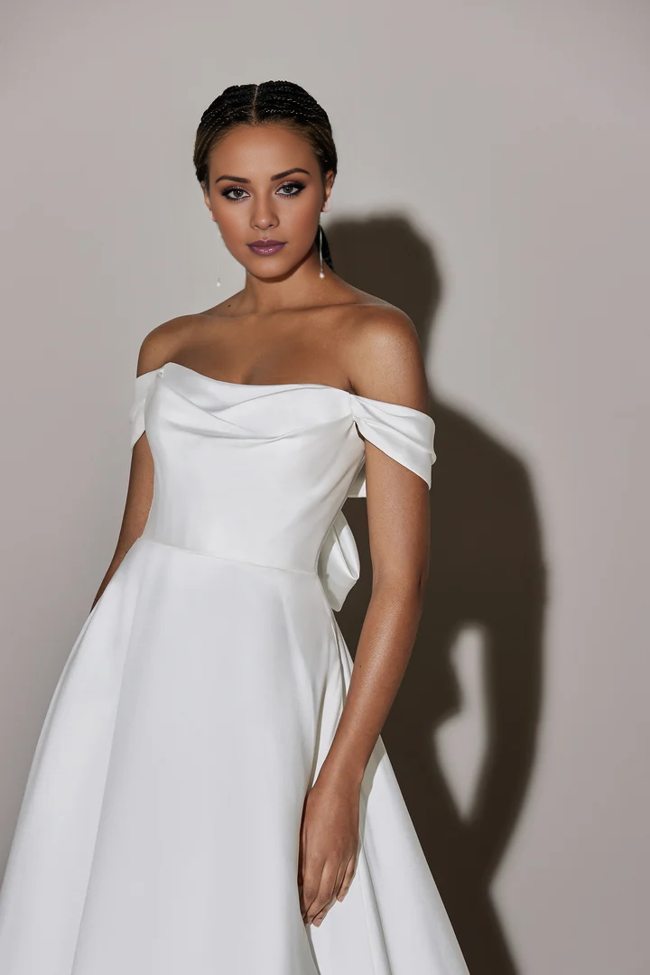 Silk A-Line Wedding Gown with Off the Shoulder Neckline Wedding Dresses