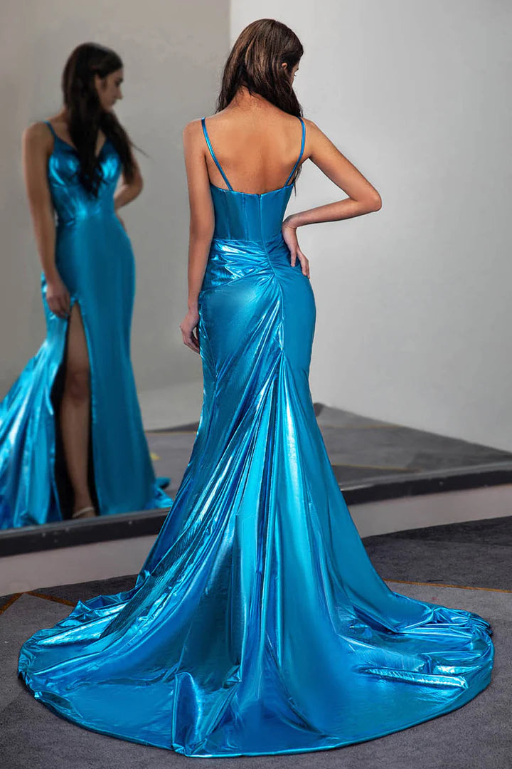 Silky Stretch Satin Prom Gown with High Slit
