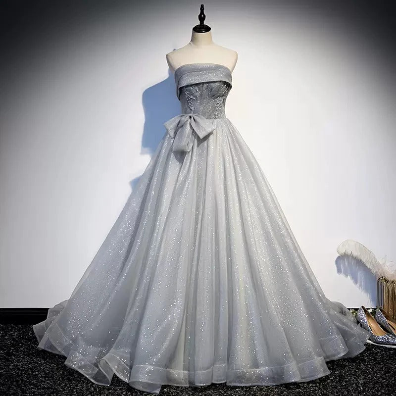 Silver Glitter Tulle Ball Gown with Bow