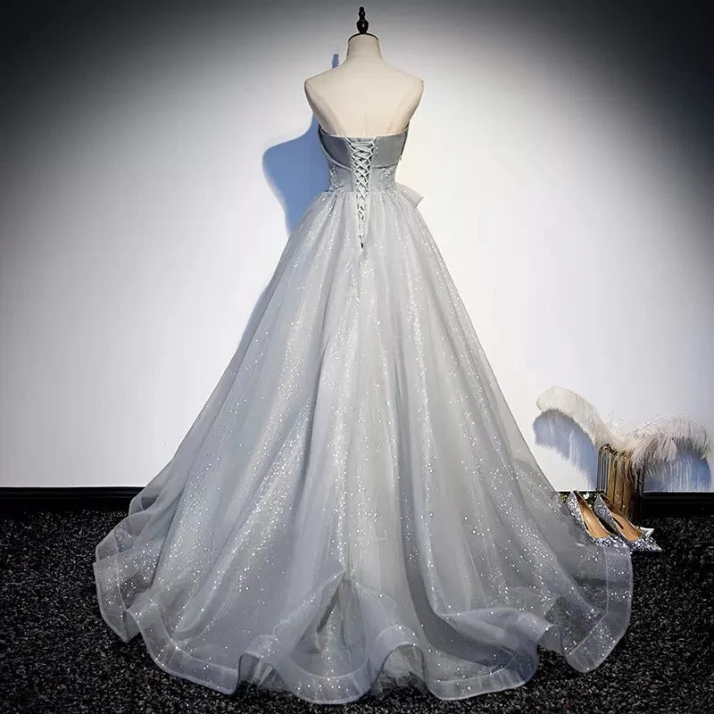 Silver Glitter Tulle Ball Gown with Bow