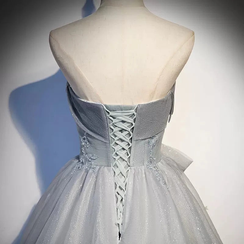 Silver Glitter Tulle Ball Gown with Bow