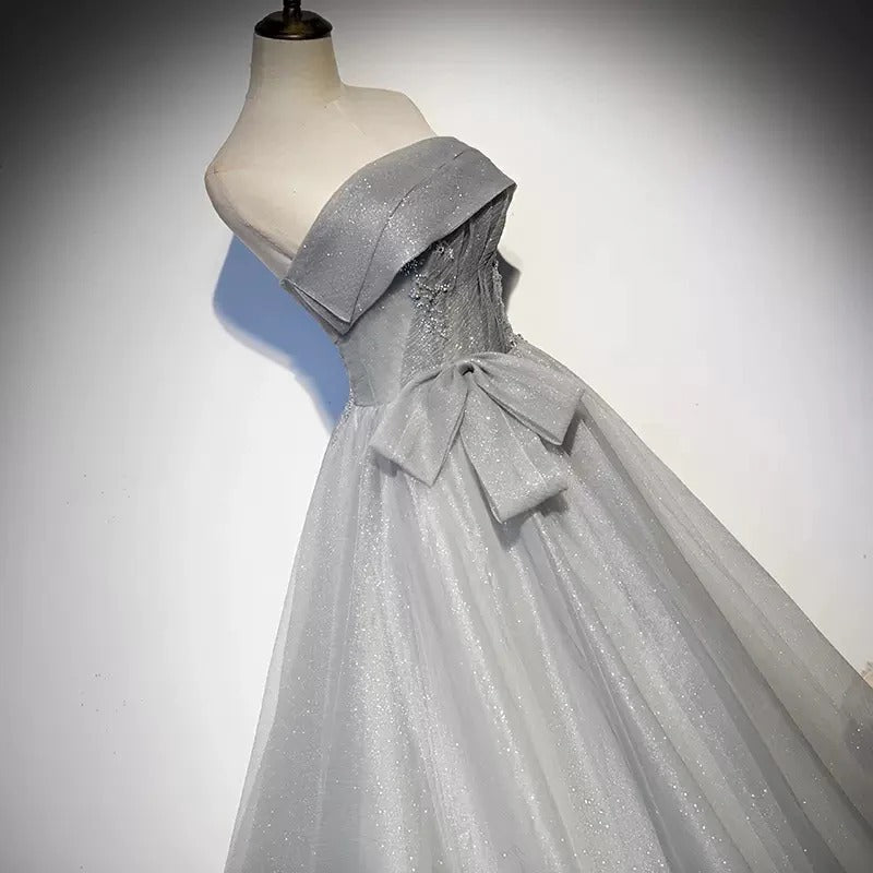 Silver Glitter Tulle Ball Gown with Bow