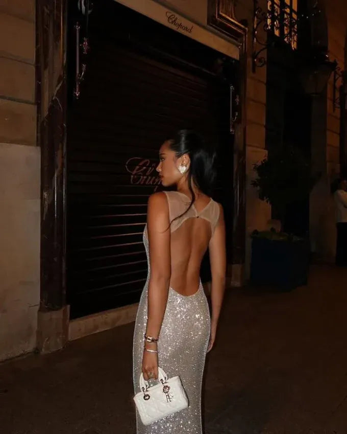 Silver Mesh Rhinestone Embellished Square Neck Open Back Mermaid Maxi Gown