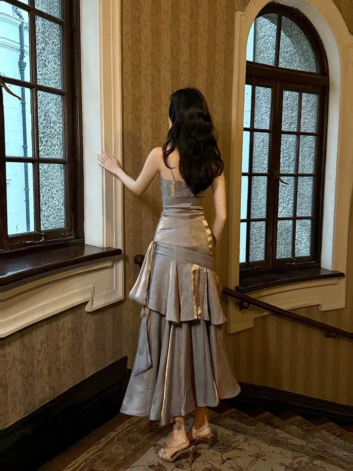 Silver Metallic Ruffle Mermaid Gown with Side Sash