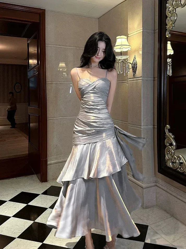 Silver Metallic Ruffle Mermaid Gown with Side Sash