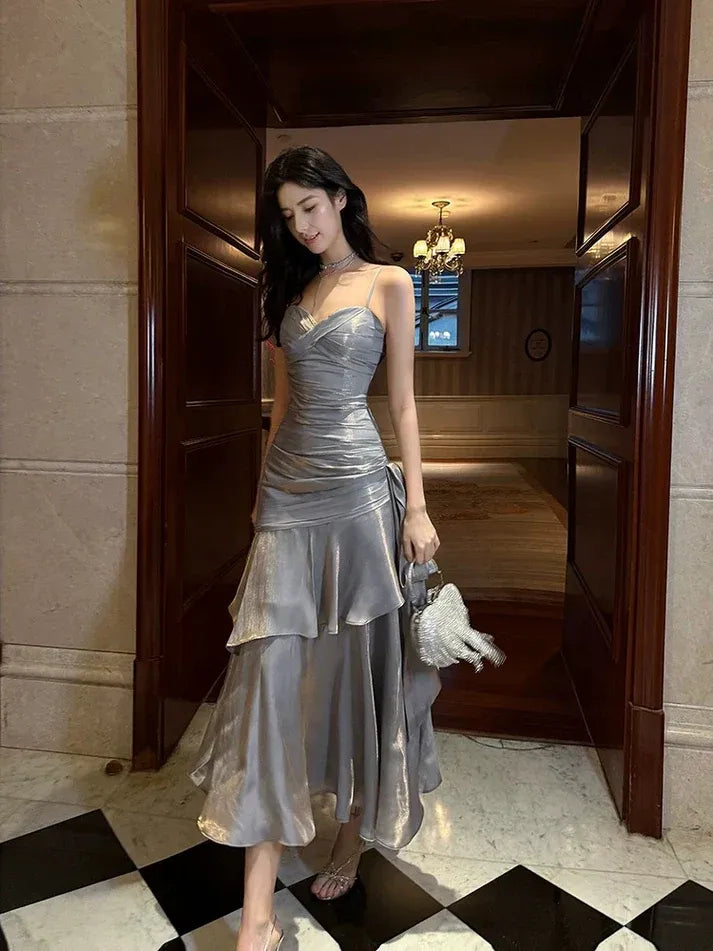 Silver Metallic Ruffle Mermaid Gown with Side Sash