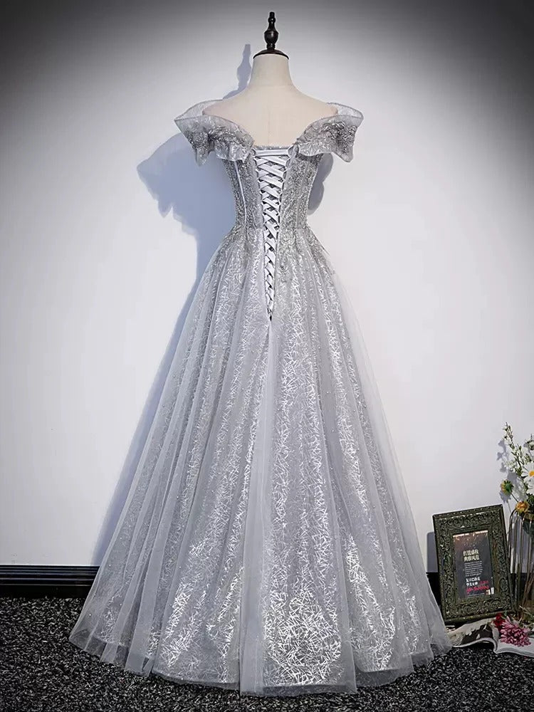 Silver Off-Shoulder Embroidery Tulle Ball Gown