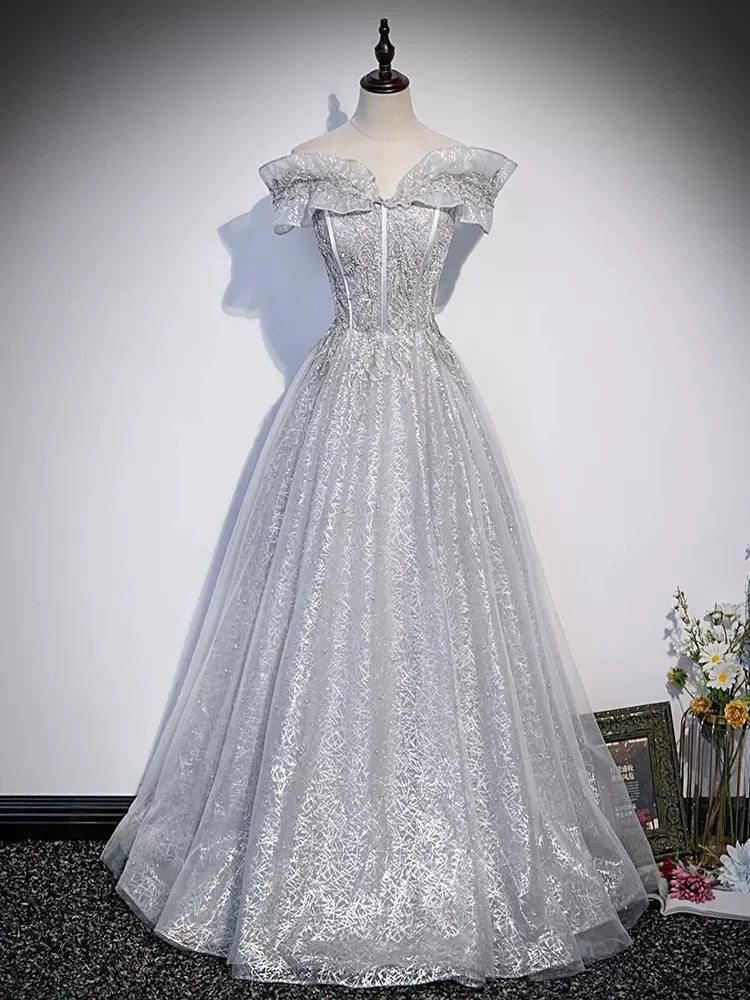 Silver Off-Shoulder Embroidery Tulle Ball Gown