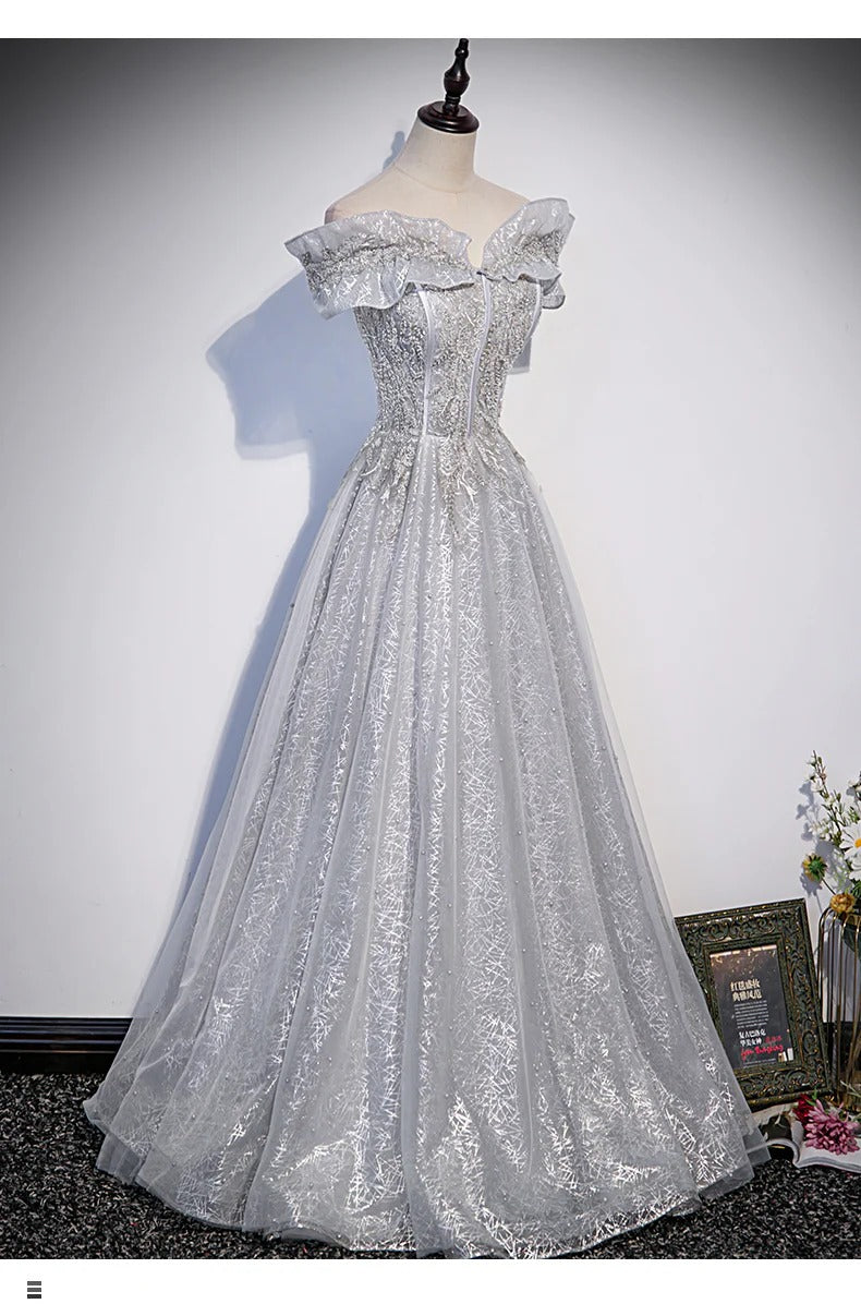 Silver Off-Shoulder Embroidery Tulle Ball Gown