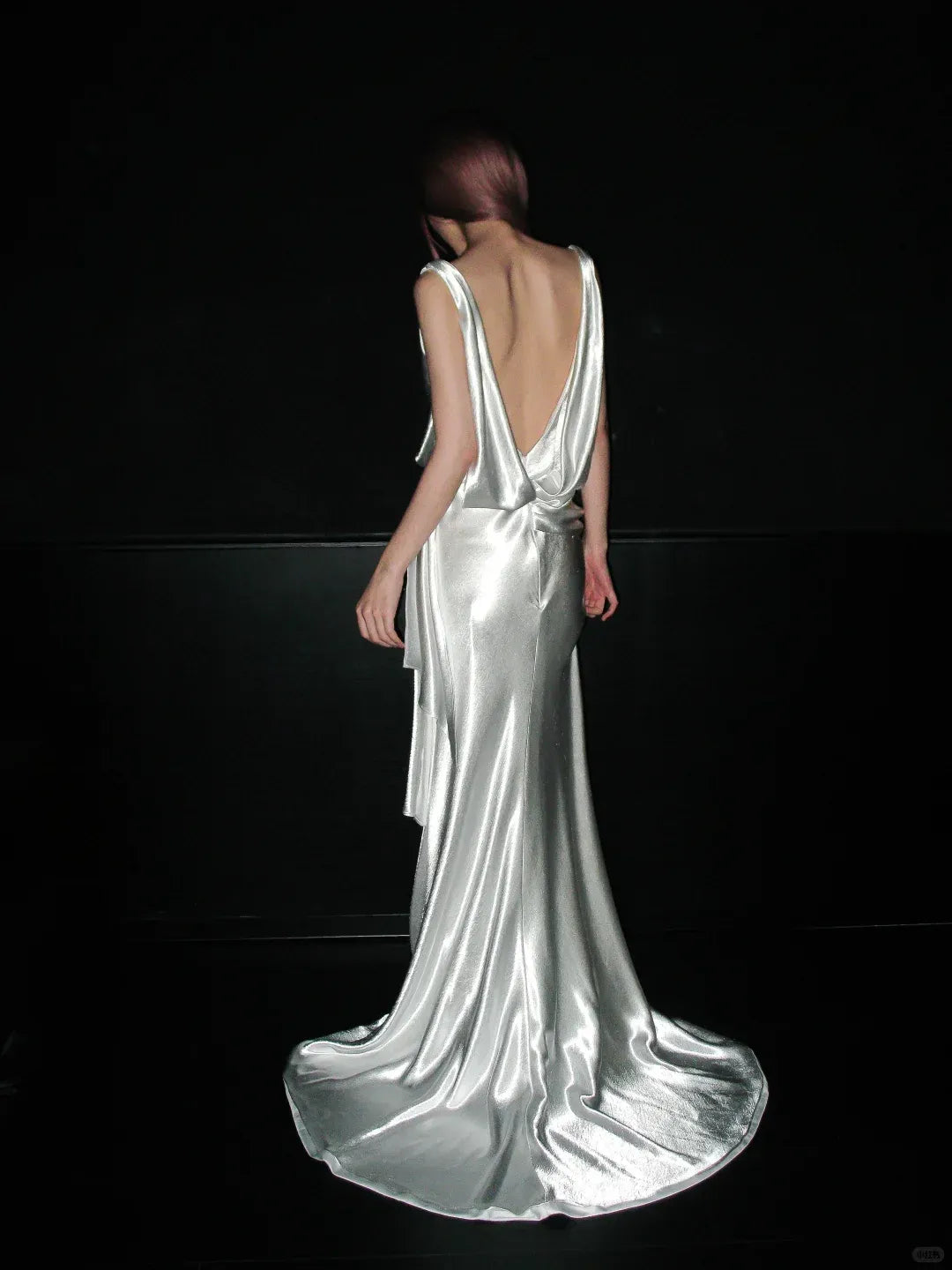 Silver Satin Cowl Neck Backless Gown – Sleeveless Draped Waist Evening Dress with Train