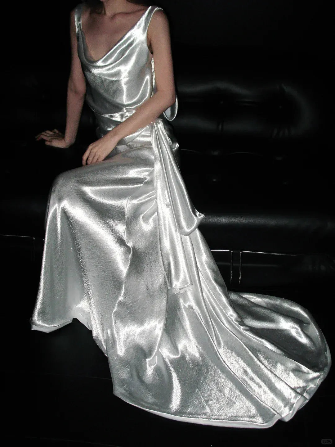 Silver Satin Cowl Neck Backless Gown – Sleeveless Draped Waist Evening Dress with Train
