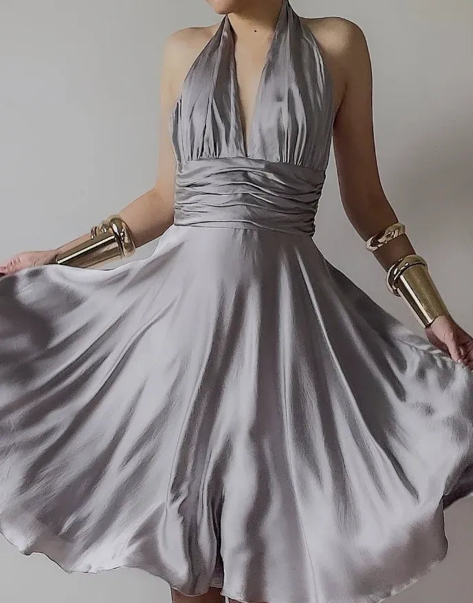 Silver Satin Halter Neck Mini Dress – Open Back Ruched Waist Fit-and-Flare Cocktail Gown