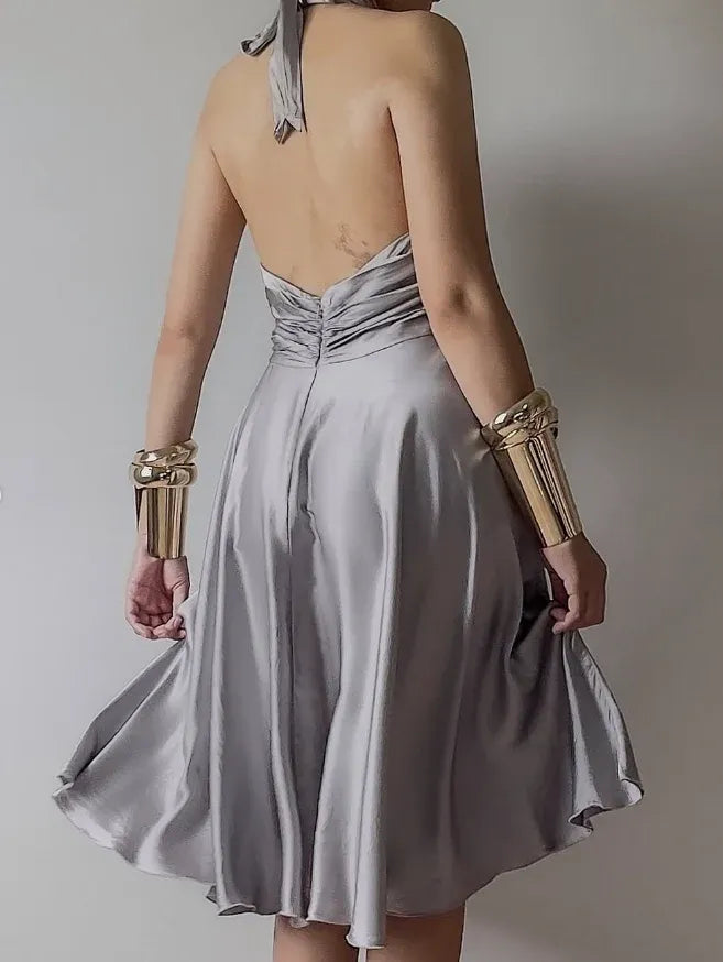 Silver Satin Halter Neck Mini Dress – Open Back Ruched Waist Fit-and-Flare Cocktail Gown