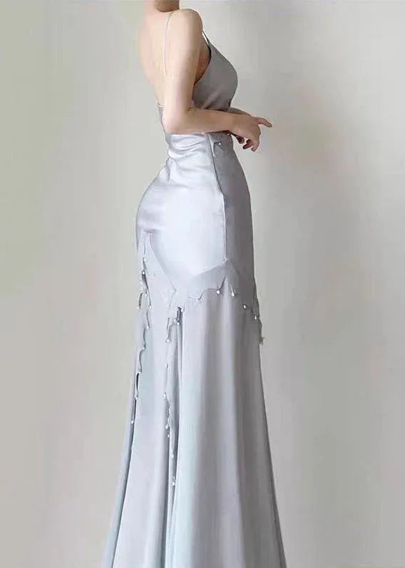 Silver Satin Pearl Ruffled Mermaid Gown – Spaghetti Strap Deep V Formal Evening Dress