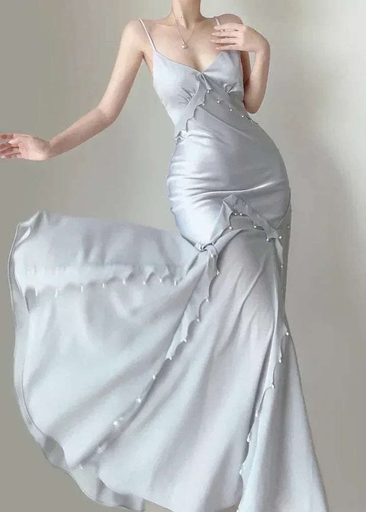 Silver Satin Pearl Ruffled Mermaid Gown – Spaghetti Strap Deep V Formal Evening Dress