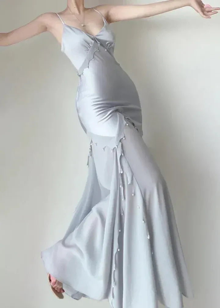 Silver Satin Pearl Ruffled Mermaid Gown – Spaghetti Strap Deep V Formal Evening Dress