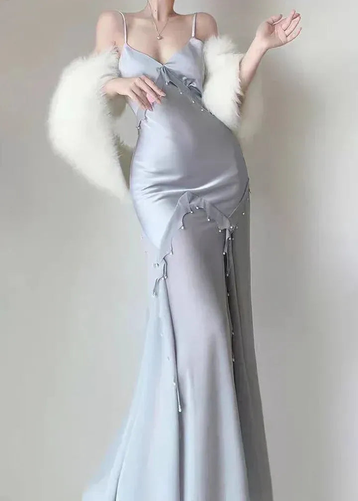 Silver Satin Pearl Ruffled Mermaid Gown – Spaghetti Strap Deep V Formal Evening Dress