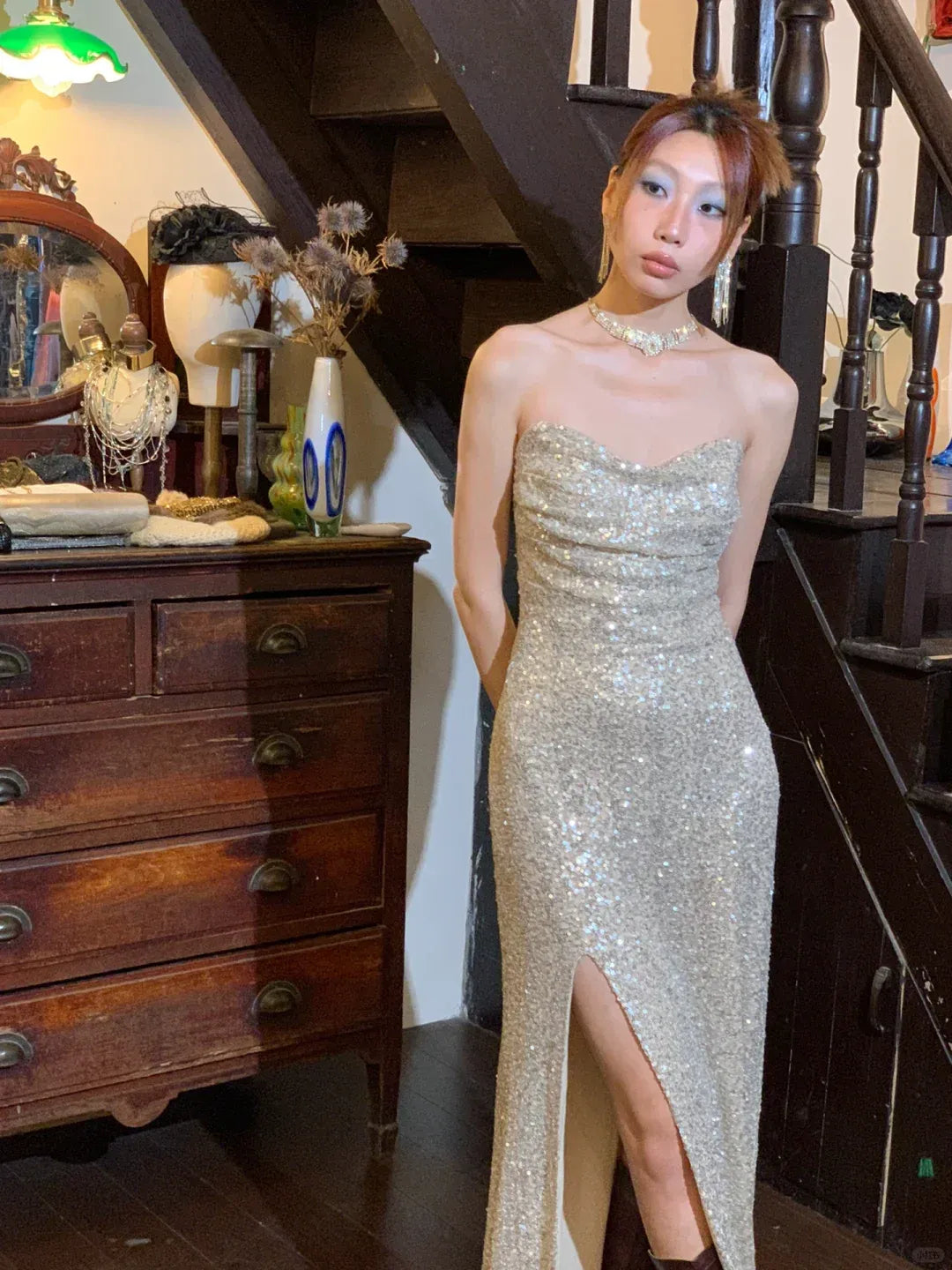 Silver Sequin Maxi Gown – Strapless Sweetheart Neckline Formal Dress with High Slit