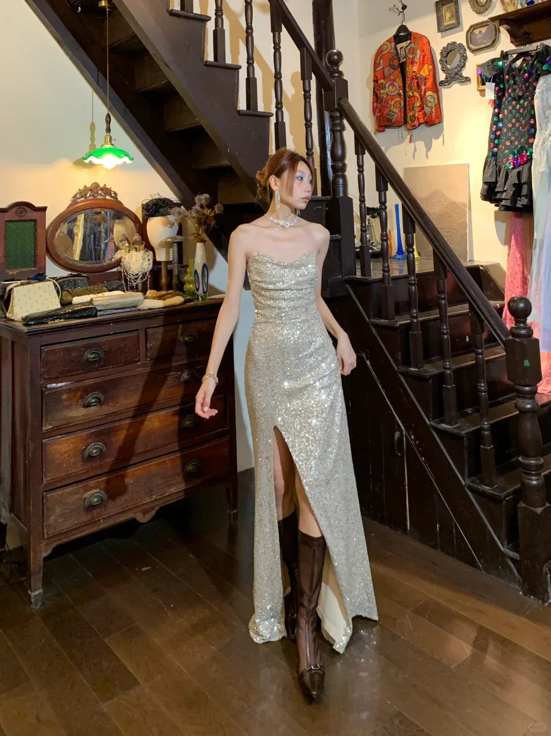 Silver Sequin Maxi Gown – Strapless Sweetheart Neckline Formal Dress with High Slit