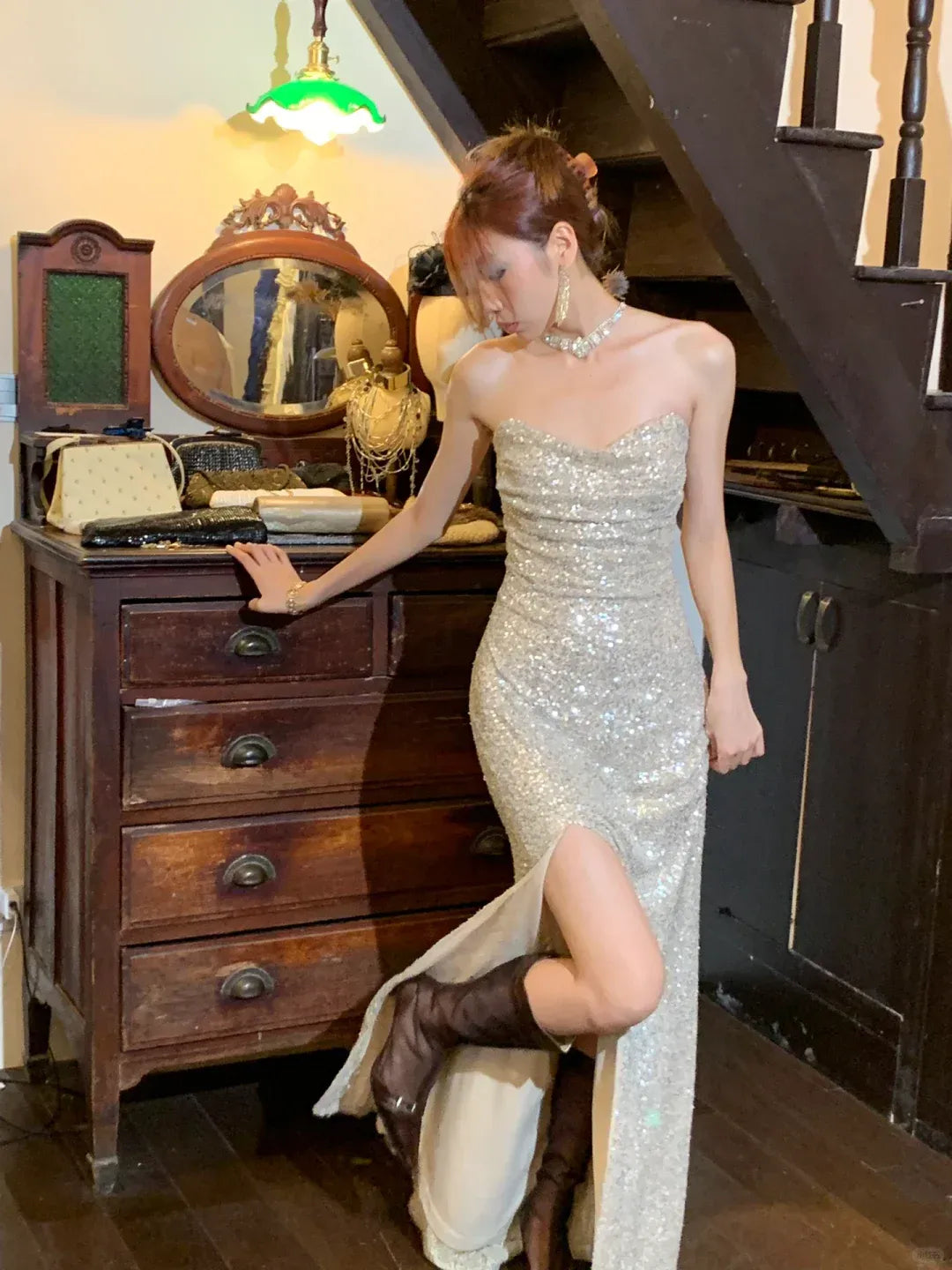 Silver Sequin Maxi Gown – Strapless Sweetheart Neckline Formal Dress with High Slit