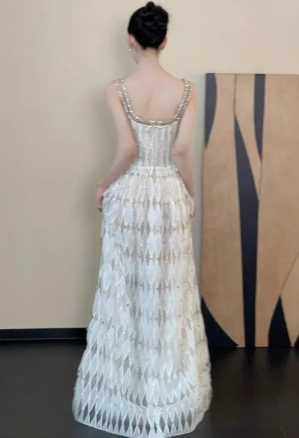 Silver White Beaded Diamond Pattern Spaghetti Strap Train Gown