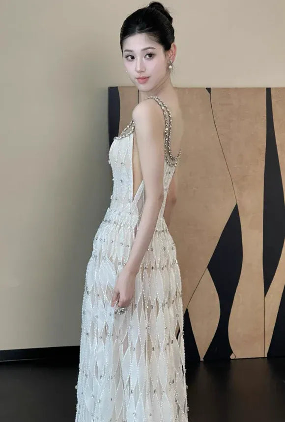 Silver White Beaded Diamond Pattern Spaghetti Strap Train Gown