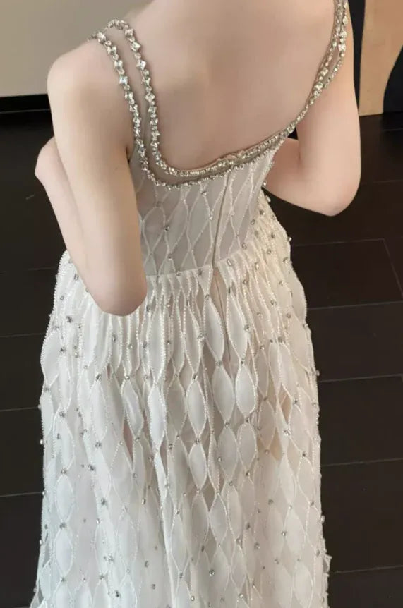 Silver White Beaded Diamond Pattern Spaghetti Strap Train Gown