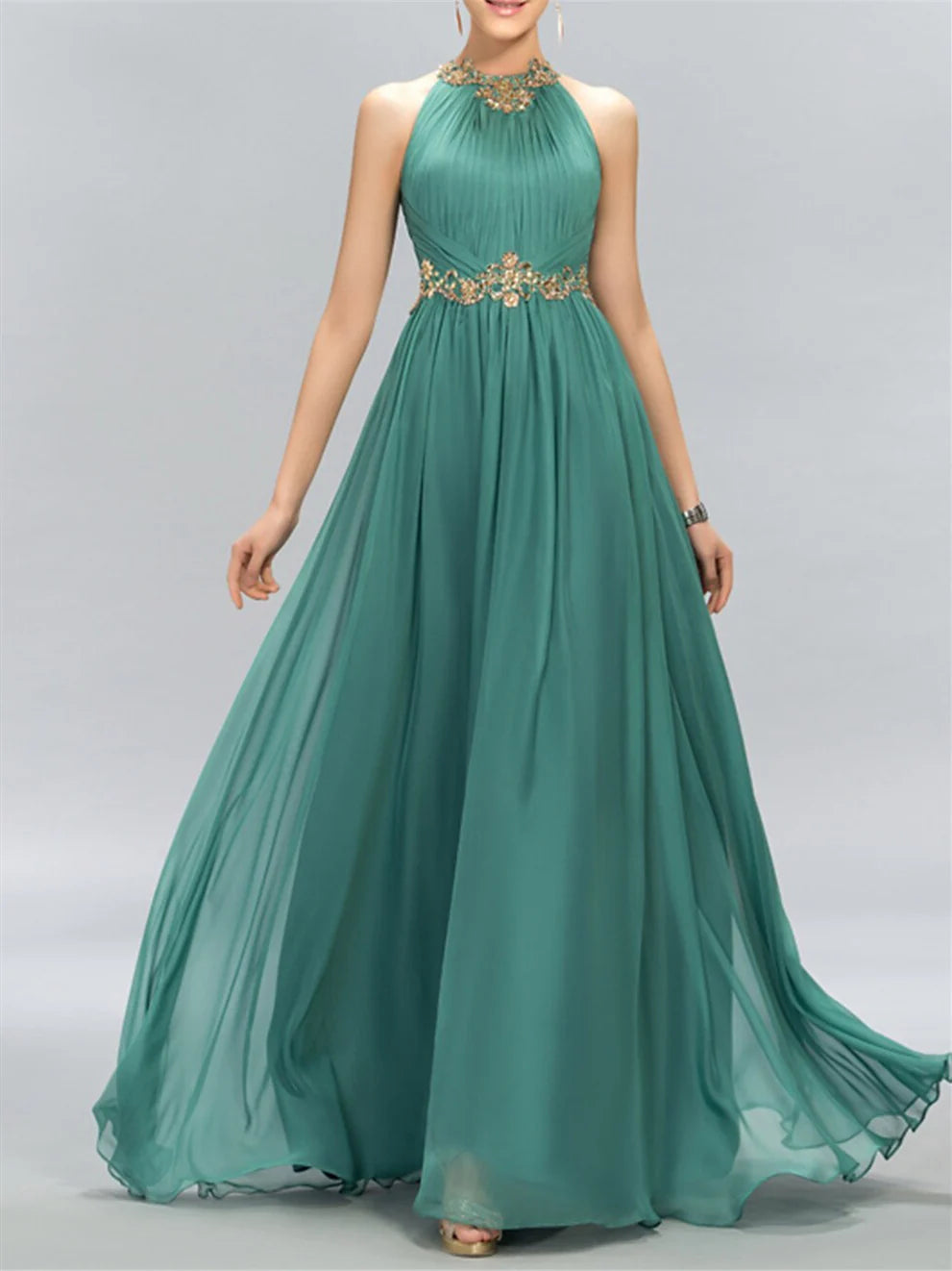 Simple A-Line/Princess Sleeveless Halter Neck Back Zip Floor-Length Evening Dress