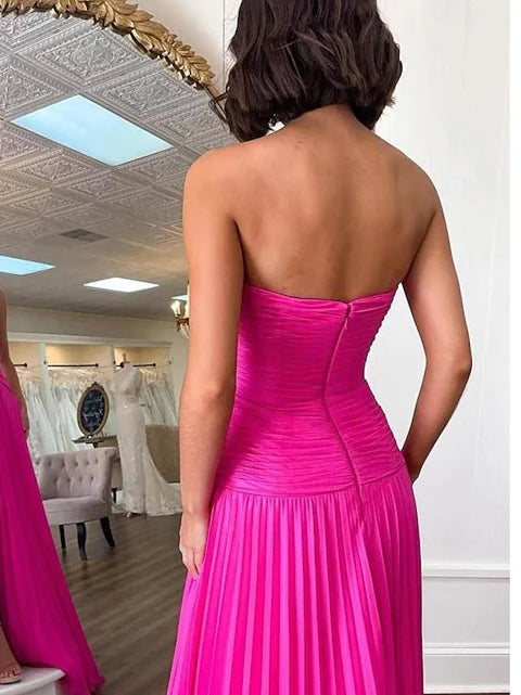 Simple A-Line/Princess Sleeveless Strapless Floor-Length Evening Dress with Pleats Ruched