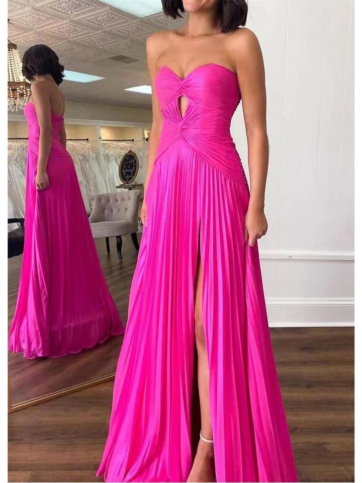 Simple A-Line/Princess Sleeveless Strapless Floor-Length Evening Dress with Pleats Ruched