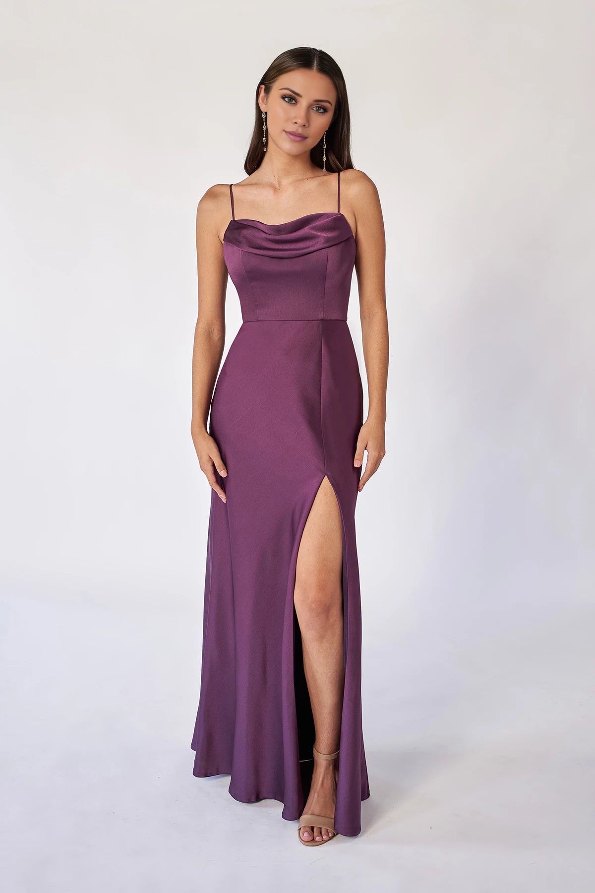 Simple A-Line Spaghetti Straps Sleeveless Back Zip Floor-Length Side Slit Bridesmaid Dress