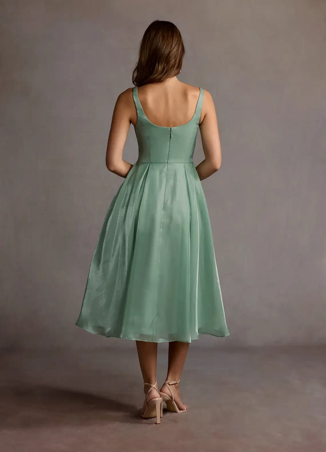 Simple A-Line Square Neck Sleeveless Back Zip Tea-Length evening dress