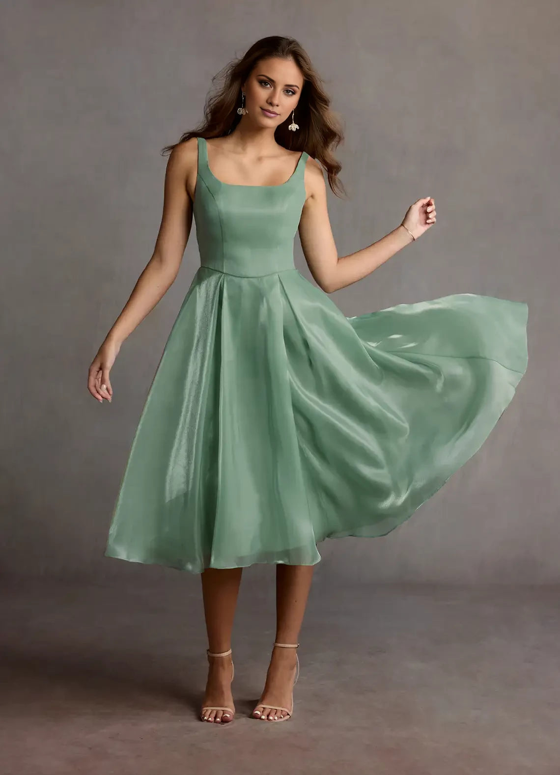 Simple A-Line Square Neck Sleeveless Back Zip Tea-Length evening dress