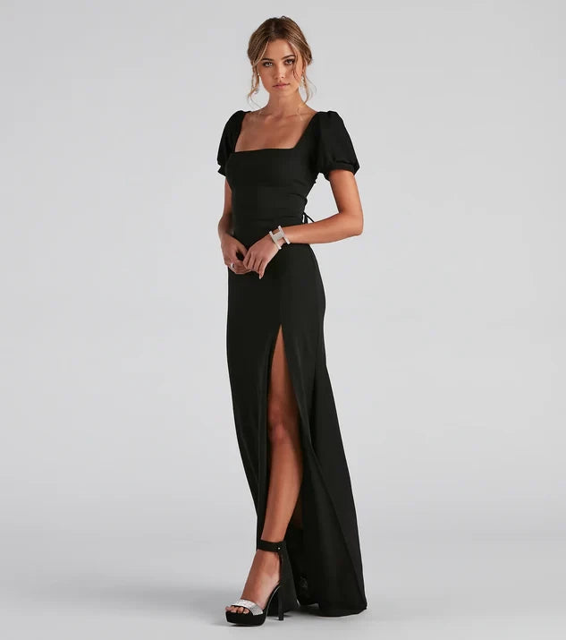 Simple Column Square Neck Short Sleeve Crisscross Back Floor-Length Side Slit Bridesmaid Dress
