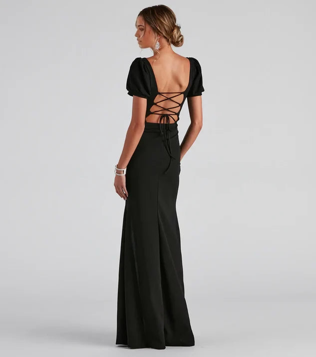 Simple Column Square Neck Short Sleeve Crisscross Back Floor-Length Side Slit Bridesmaid Dress
