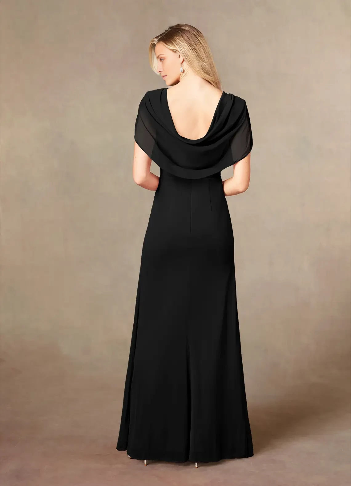 Simple Column V Neck Cap Sleeve Back Zip Floor-Length Side Slit Mother of the Bride Dress