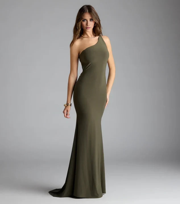Simple Mermaid One Shoulder Sleeveless Lace Up Back Floor-Length Bridesmaid Dress