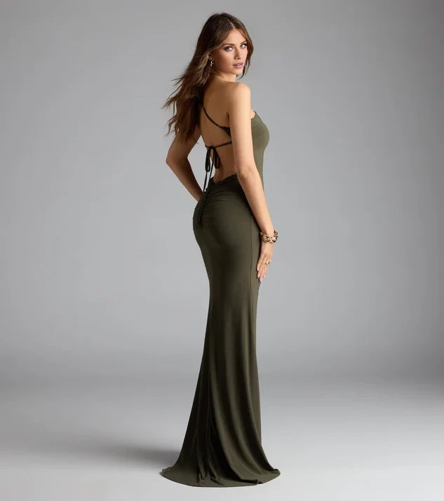 Simple Mermaid One Shoulder Sleeveless Lace Up Back Floor-Length Bridesmaid Dress