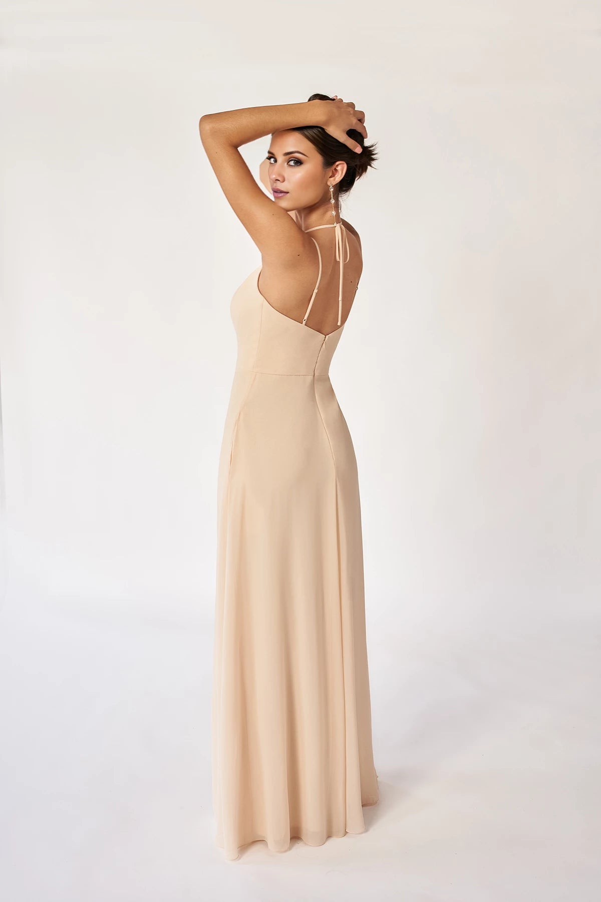 Simple Spaghetti Straps Halter Sleeveless Back Zip Floor-Length Side Slit Bridesmaid Dress