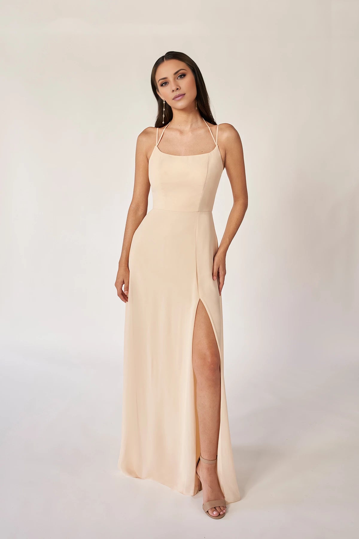 Simple Spaghetti Straps Halter Sleeveless Back Zip Floor-Length Side Slit Bridesmaid Dress