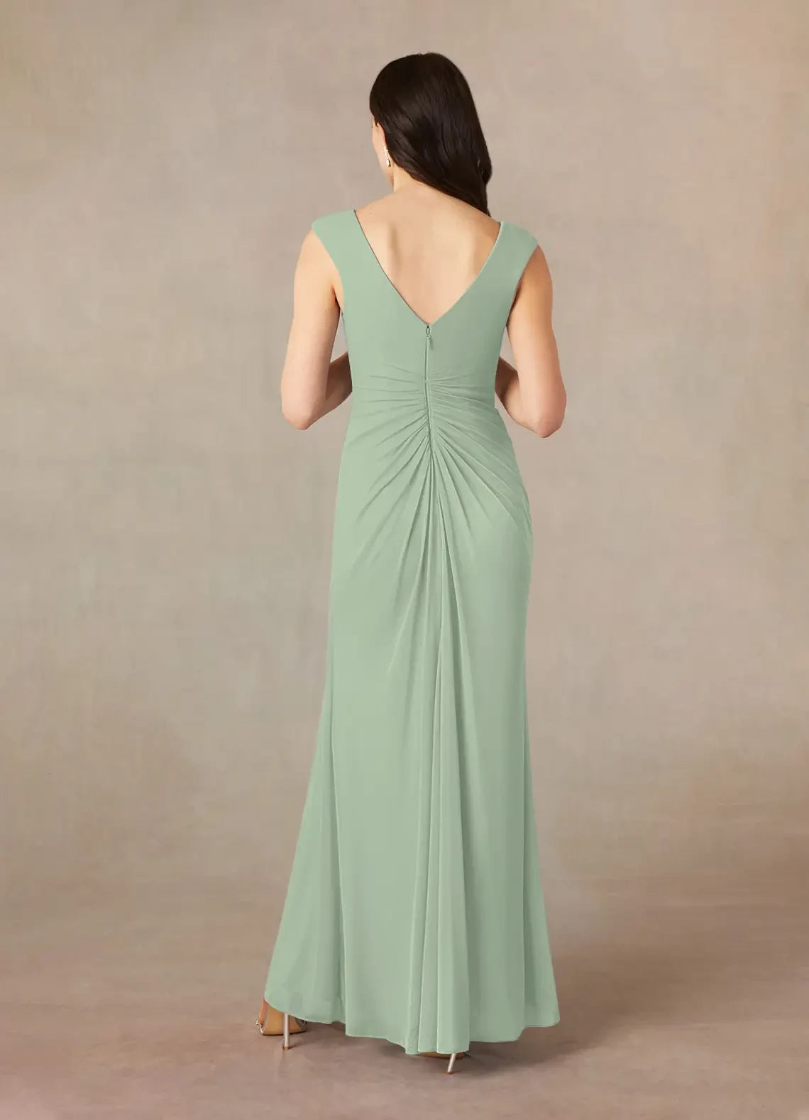 Simple V Neck Sleeveless Back Zip Floor-Length Side Slit Mother of the Bride Dress