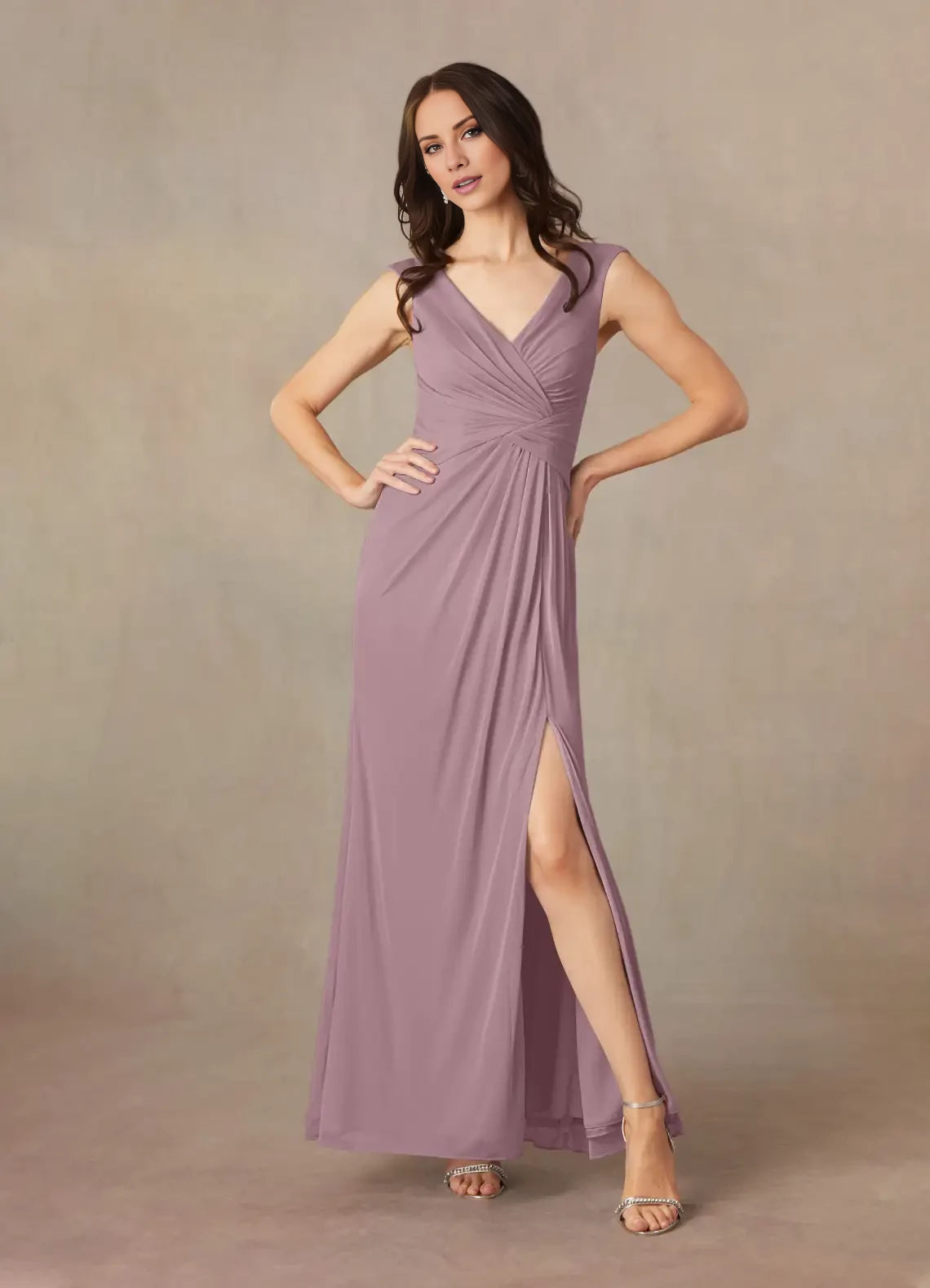 Simple V Neck Sleeveless Back Zip Floor-Length Side Slit Mother of the Bride Dress