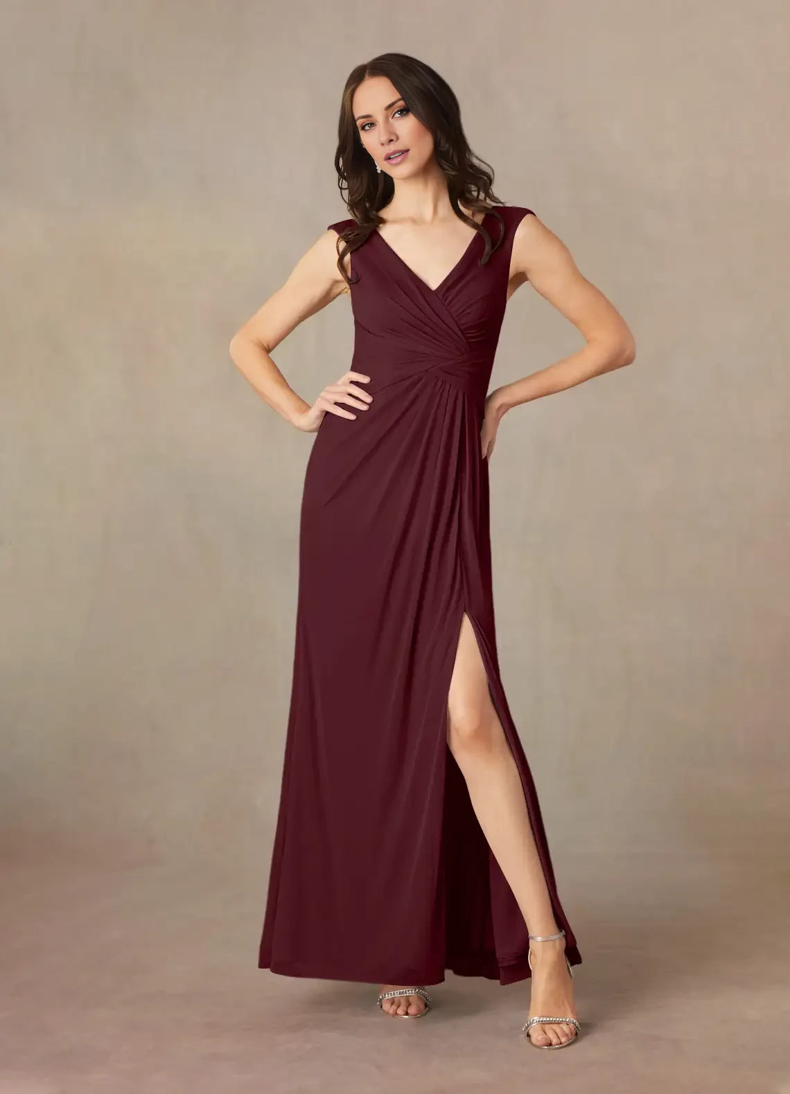 Simple V Neck Sleeveless Back Zip Floor-Length Side Slit Mother of the Bride Dress