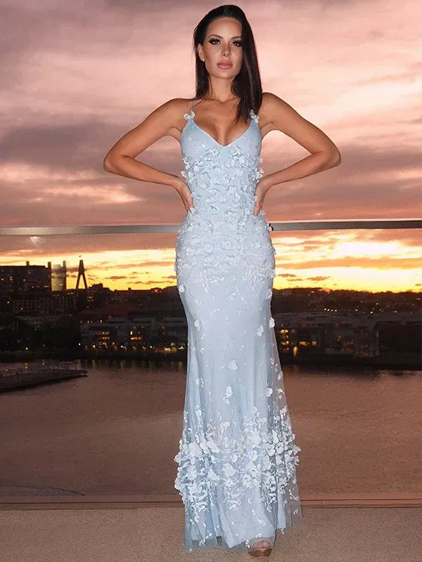 Sky Blue 3D Floral Mermaid Gown – Spaghetti Strap Formal Evening Dress