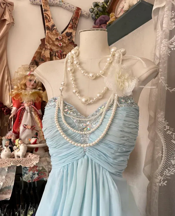 Sky Blue Chiffon Beaded Strapless Lace-Up Maxi Dress – Vintage Bridal Formal Gown