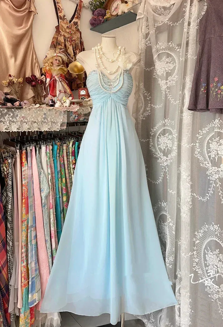 Sky Blue Chiffon Beaded Strapless Lace-Up Maxi Dress – Vintage Bridal Formal Gown