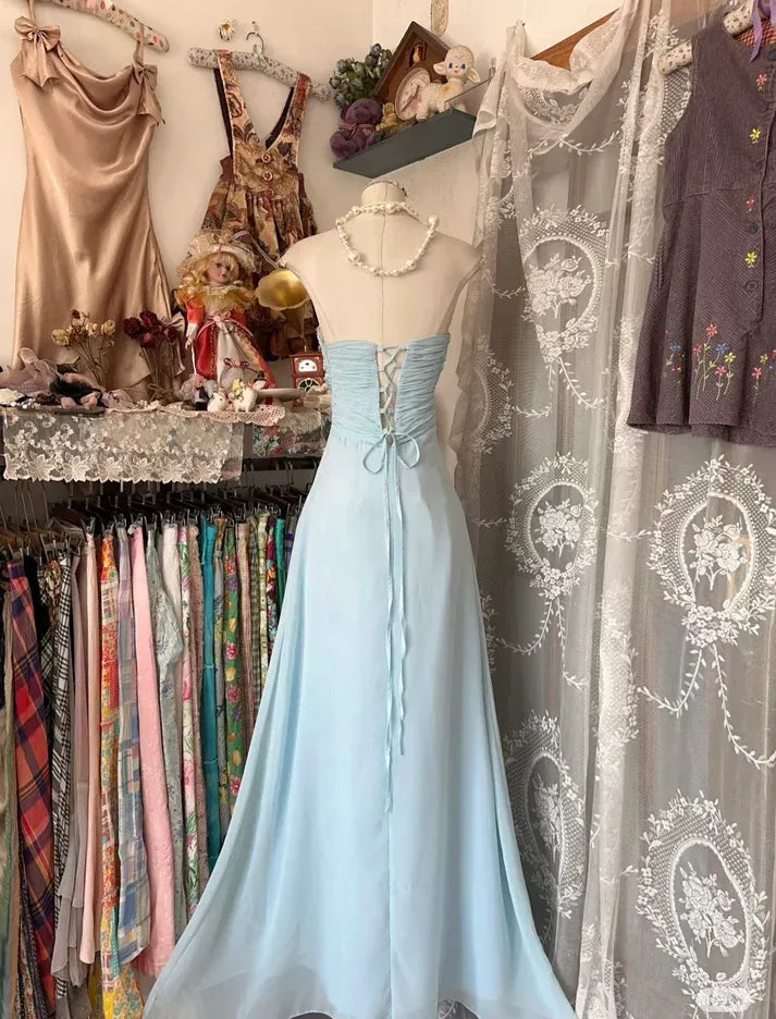 Sky Blue Chiffon Beaded Strapless Lace-Up Maxi Dress – Vintage Bridal Formal Gown